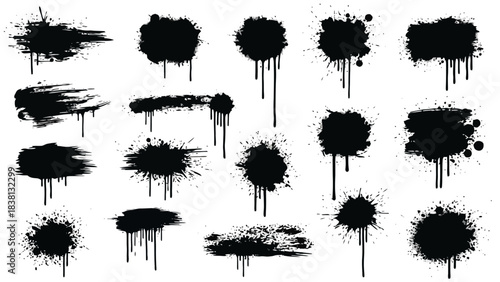 Set of black grunge ink splatters, artistic paint drips, and abstract brush stroke elements for creative design