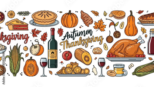 A vibrant collection of hand-drawn Thanksgiving dinner elements arranged in a seamless banner for holiday celebration design