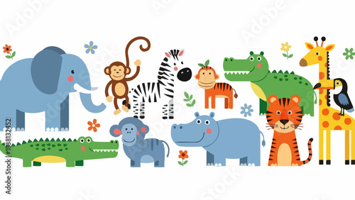 A vibrant and playful illustration featuring a diverse collection of cute cartoon jungle and safari animal friends