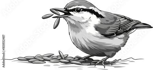 winged provision a nuthatchs grayscale gathering of lifes simple essentials, isolated on transparent background