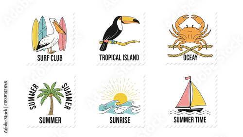 A collection of colorful summer vacation and tropical travel themed vector logo illustrations for beach and ocean adventures