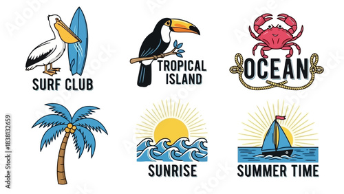 A vibrant collection of hand-drawn summer and tropical vacation emblems, perfect for beach adventures, island getaways, and ocean-inspired designs