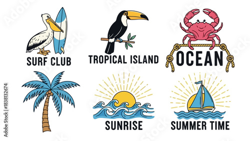 Set of summer-themed vintage illustrations with tropical elements for design purposes