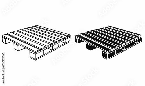 Wooden pallet icon set in outline and silhouette,for logistics, warehouse, shipping, cargo, packaging, and industry themes. vector illustration isolated white background.