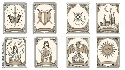 Conceptual vintage mystical illustration cards set, depicting symbolic fantasy elements dragons, celestial suns, brave warriors, and ancient castles, ideal for game design or spiritual art projects