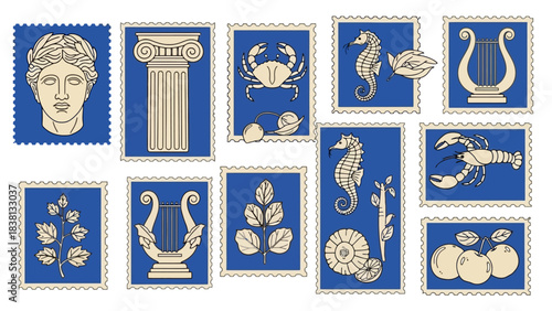 Elegant collection of vintage-style postage stamps with classical art, ancient architecture, marine life, botanical illustrations, and mythological symbols, great for design