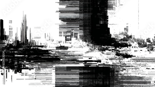Abstract black and white glitch art cityscape featuring modern urban architecture and digital distortion effects