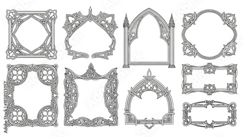 Elegant Collection of Ornate Decorative Frames and Borders with Intricate Architectural and Abstract Motifs, Ideal for Graphic Design, Certificates, Invitations, and Vintage Decor