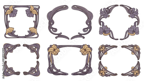 Collection of Ornate Art Nouveau Frames and Corners Featuring Elegant Floral Design Elements for Vintage-Inspired Decor and Creative Graphic Projects