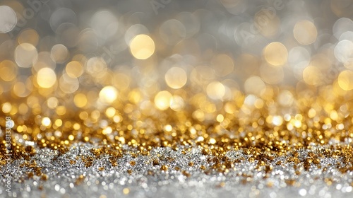 A golden and silver glitter background with bokeh lights, shiny golden beads, and an abstract design.