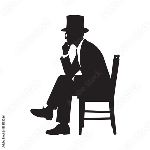 A silhouette of a man in a suit and top hat deep in thought
