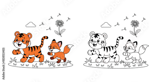 Cute cartoon tiger and fox cubs running together. Vector illustration of happy forest animal friends playing near a dandelion flower, isolated on white background.