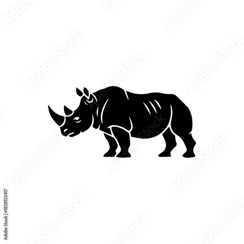A bold black vector silhouette of a rhinoceros in profile. Highlights its horn, conveying strength and danger.