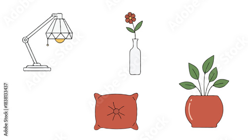 Home Decor Clipart – Lamp, Vase, Cushion, and Potted Plant in Cartoon Style PNG