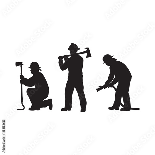 Silhouettes of three workers with tools a shovel axe and pickaxe