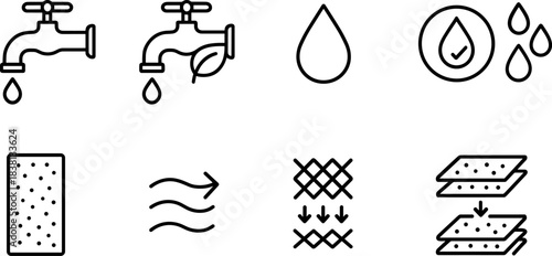 Water filtration and eco plumbing icons set. Pipes, taps, filters, drops, sustainable water outline symbols