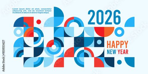 Modern geometric 2026 Happy New Year design featuring colorful abstract shapes in blue red and orange tones