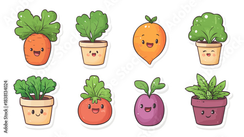 Cute Vegetable Seedling Stickers for Gardening Enthusiasts, White Background, Illustrative Art, Whimsical Design