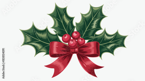 Festive Holly Sprig with Red Berries and a Red Bow on a White Background berry celebration