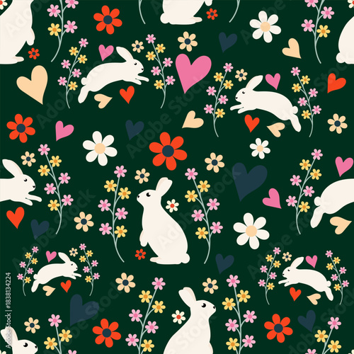 Seamless pattern with rabbit, plants, flowers and hearts.Elements for fabric, stationery, wrapping paper,packaging,printing, postcards, etc.Vector illustration