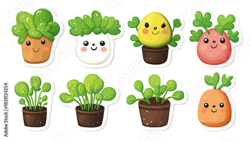 Colorful Cartoon Sprouts Stickers for Kids' Kitchen Garden Fun on White Background