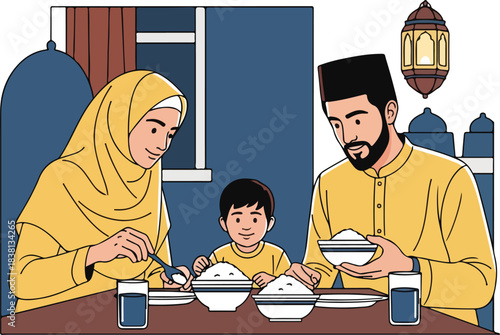 Illustration of a Muslim family sharing a meal together at a table with traditional clothing and decor.