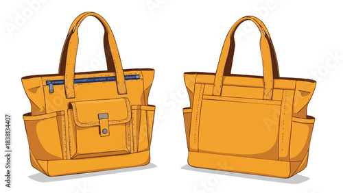 Stylish mustard yellow tote bags vector illustration showcasing front and back views, perfect for fashion product designs or creative presentations