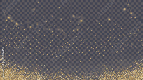 Golden Bokeh Lights and Glitter Confetti on Dark Transparent Checkerboard Background Keywords: bokeh, lights, glitter, confetti, gold, golden, sparkling, celebration, party