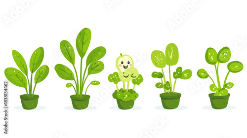 Organic Sprouts Growth Showcase, Cute Plant Icons, White Background, Digital Illustration, Playful Environment, Vibrant Viewpoint, Nature Concept