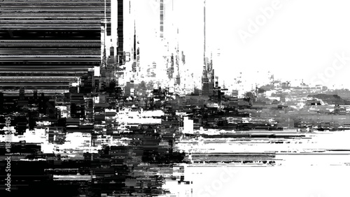 Dynamic abstract digital art background with glitch effect showcasing pixelated data corruption in monochrome black and white tones