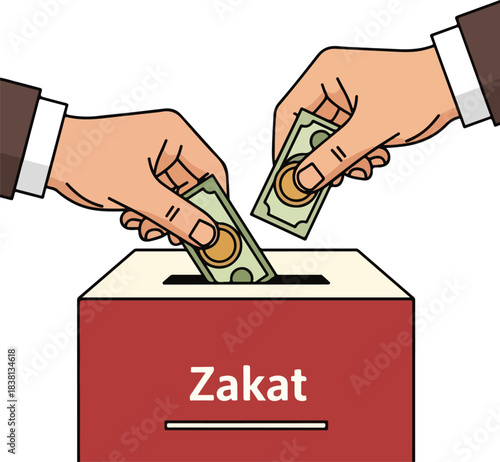 Illustration of two hands putting money into a red zakat donation box on a white background.