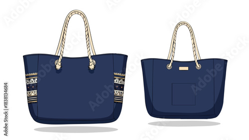 Elegant navy blue tote bag collection, featuring nautical rope handles and chic summer pattern accents creating a sense of seaside luxury