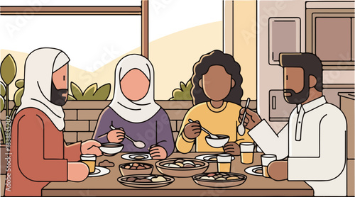 Illustration of a diverse family having a meal together in a modern home with warm tones.