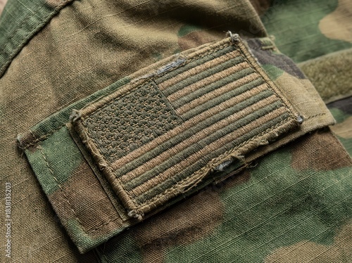 Worn american flag patch sewn onto military camouflage fabric detail shot dark olive drab texture commercial asset