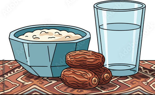 Illustration of a bowl of oatmeal with dates and a glass of water on a patterned tablecloth