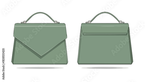 Elegant sage green handbag illustration showing front and back perspectives of fashion accessory design for commercial purposes