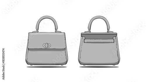 Symmetrical presentation of a handbag, displaying its distinct front and back view in muted grayscale tones against a stark white backdrop forming a