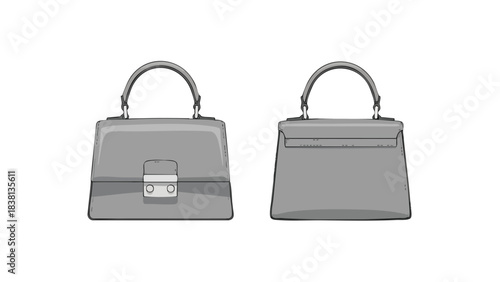 Modern satchel outline showcases symmetric style and detailed clasp design illustration, isolated on a crisp white background