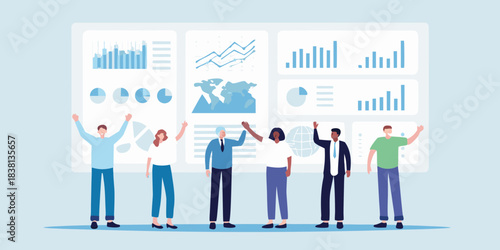 Team celebrating success while reviewing data analytics and business performance metrics