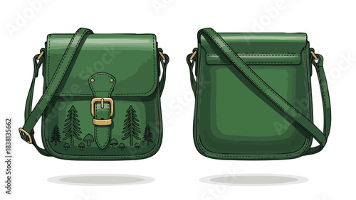 Front and back showcase of a green leather satchel adorned with detailed forest tree and mushroom illustrations