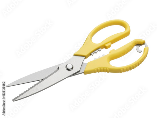 Isolated scissors for kitchen or utility use with yellow handles on seamless background