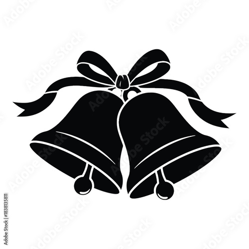 Elegant black and white illustration of two wedding bells with a bow