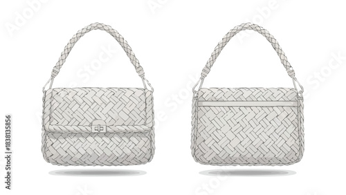 Elegant woven handbag showcasing detailed craftsmanship with braided handle design and crisp white tones against a minimalist backdrop