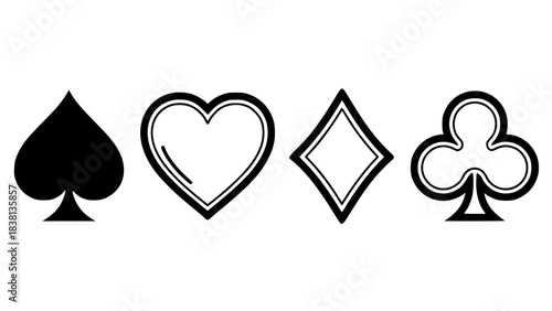 Playing card symbols, vector illustration, bold strokes, isolated icons for casino or poker themes