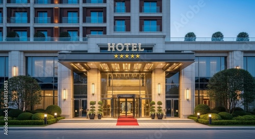 Luxury hotel facade showcasing entrance and architecture with a clear sky backdrop. Building exterior with a red carpet and 5-star hotel detail. Architecture design at dusk.