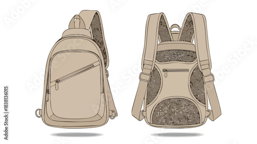 Detailed Backpack Designs Showing Front and Side Views for Product Presentation and Marketing  Purposes