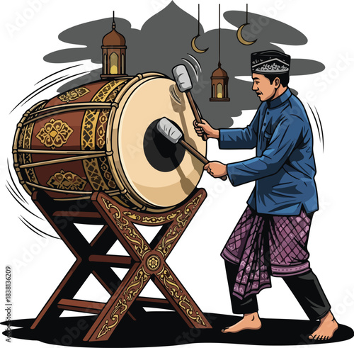 Man in traditional clothing playing a large drum with two mallets against a gray background with mosque silhouettes and hanging lanterns.