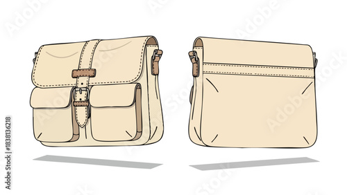 Beige messenger bag with flap and pockets, stylish shoulder bag for everyday use, fashion accessory illustration, minimalist design, chic modern bag