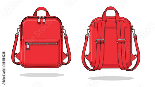 Stylish red backpack illustration showcasing front and back views ideal for fashion design accessory product presentations