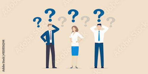 People pondering under a cloud of question marks seeking answers and solutions
